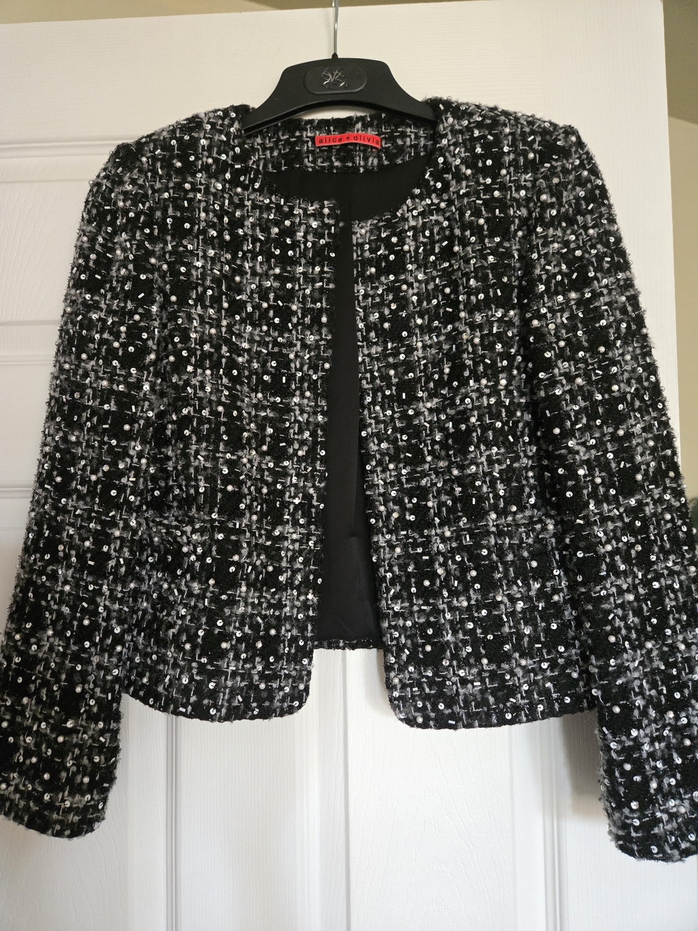Alice + Olivia Black & White Tweed Sequins And Pearls-Accent 3/4 Sleeves Jacket